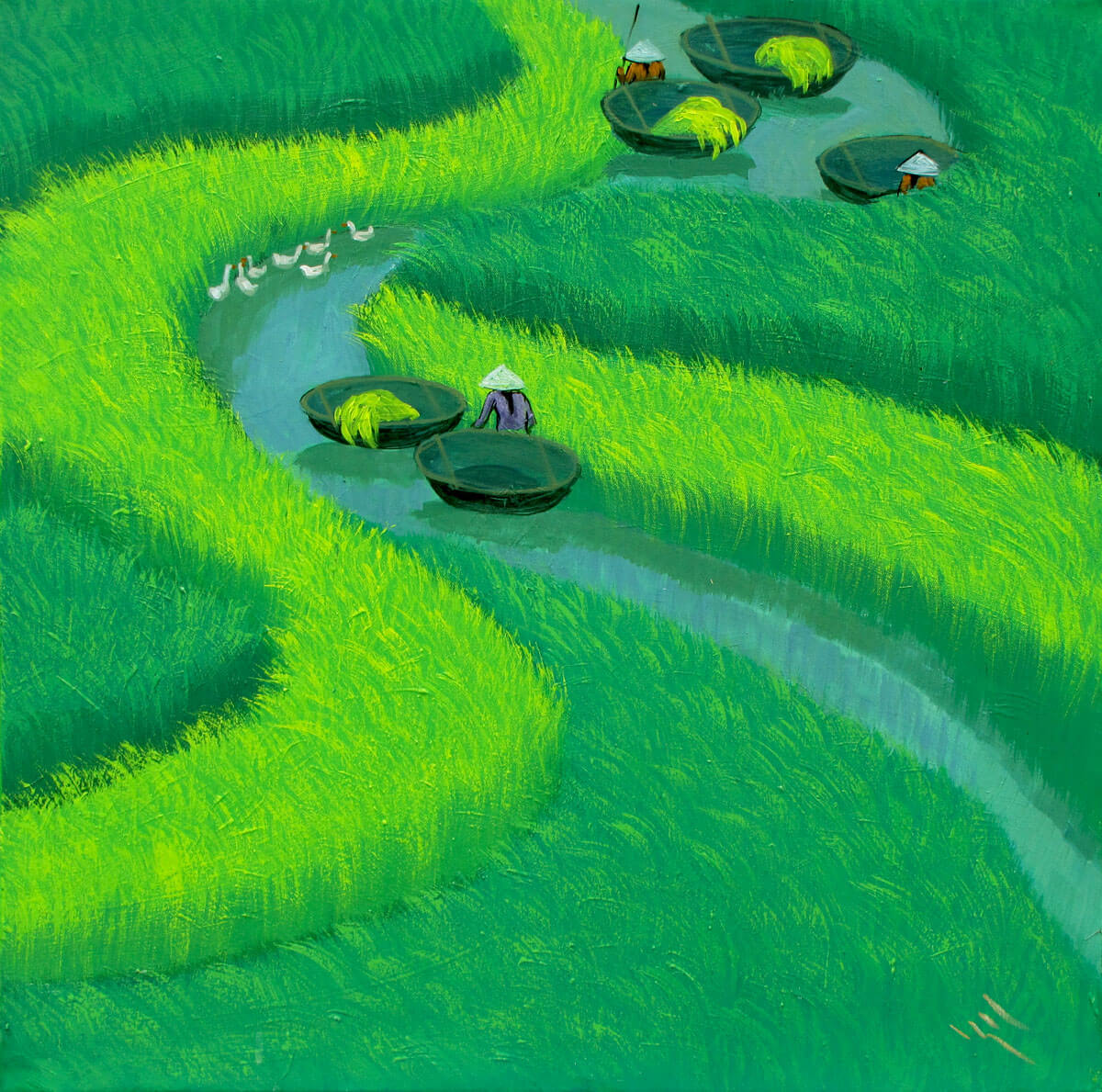 1200x1189 Paddy Field 01 By To Ngoc, Vietnamese Paintings - Rice Field Painting