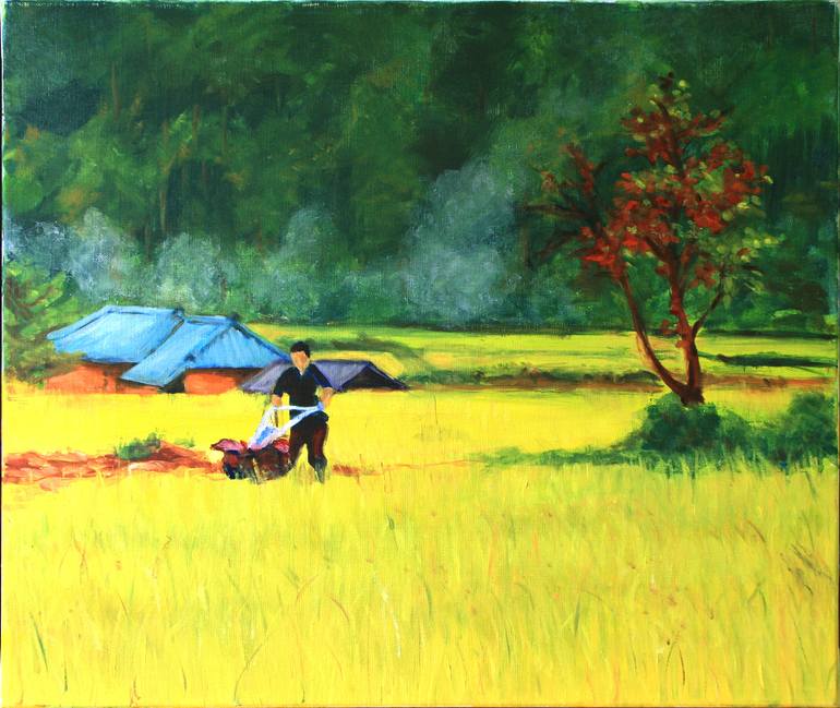 770x649 Saatchi Art Tiller In Rice Field Motoculteur La - Rice Field Painting