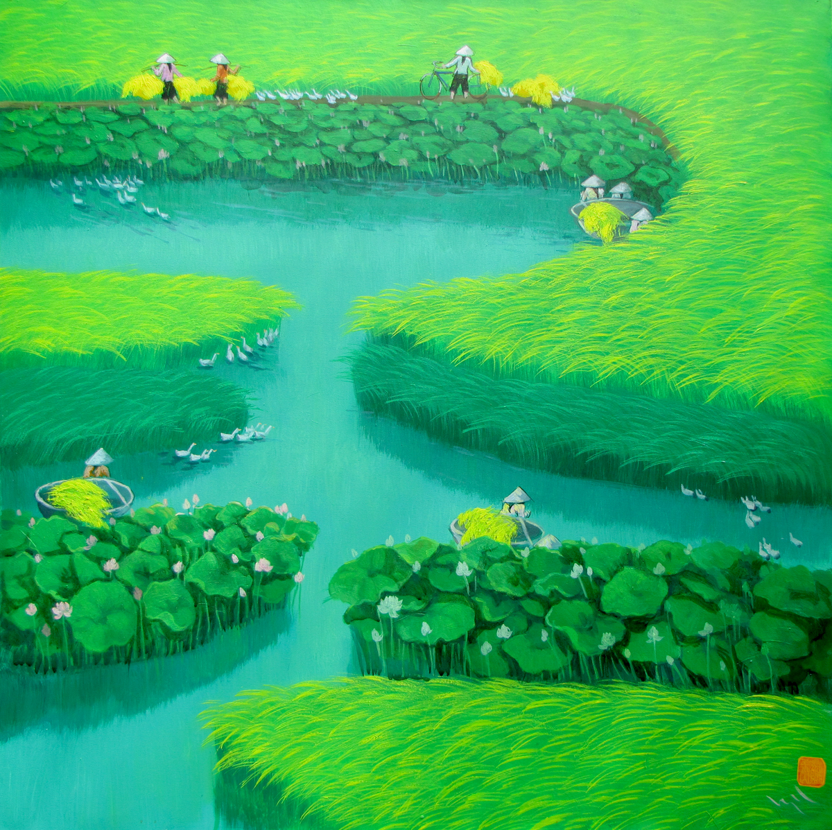 1200x1197 To Ngoc Asian Painting Lotus On The Rice Field 01 - Rice Field Painting