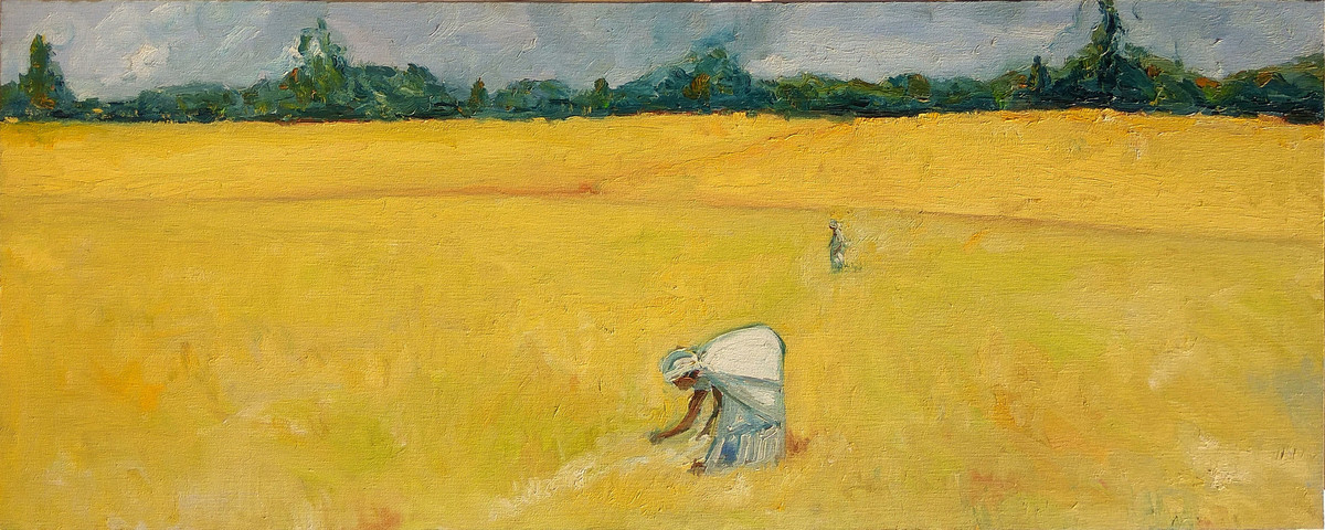 1200x480 Rice Harvest (2) By Artist Animesh Roy Impressionism, Painting - Rice Painting