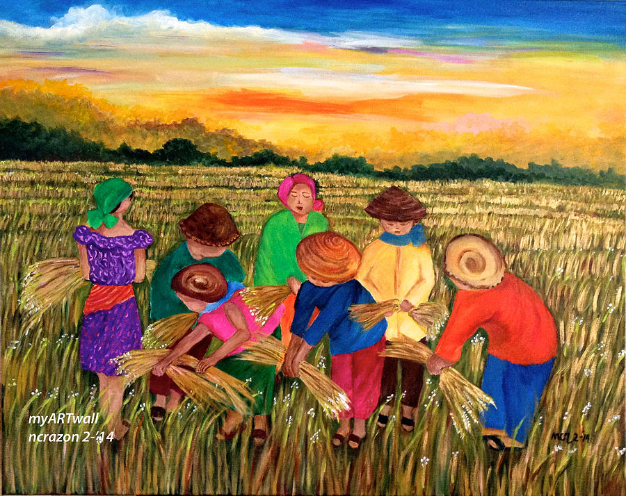 900x714 Rice Harvest Painting By Nancy Razon - Rice Painting