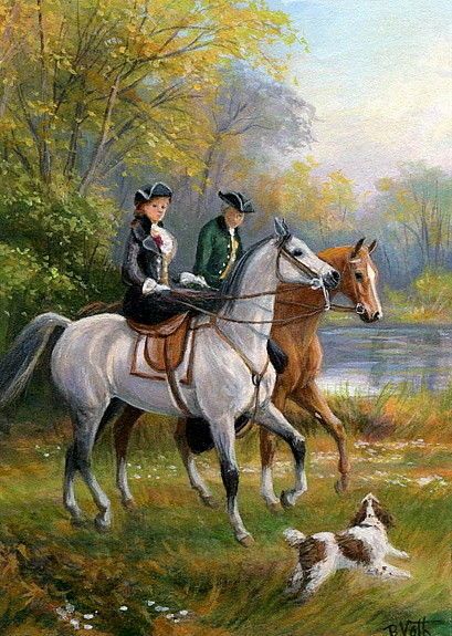 409x575 Lady Man Sidesaddle Riding Horses Landscape Welch Original Aceo - Riding Horse Painting