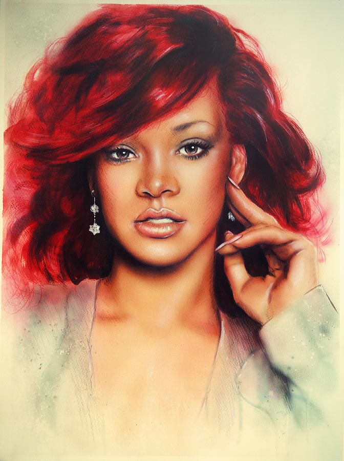 672x900 Beautiful Airbrush Portrait Of Rihanna With Red Hair And A Face - Rihanna Painting