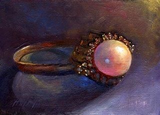 320x231 Scallop Pearl Ring With Diamonds 5x7 Original Art Painting By Hall - Ring Painting