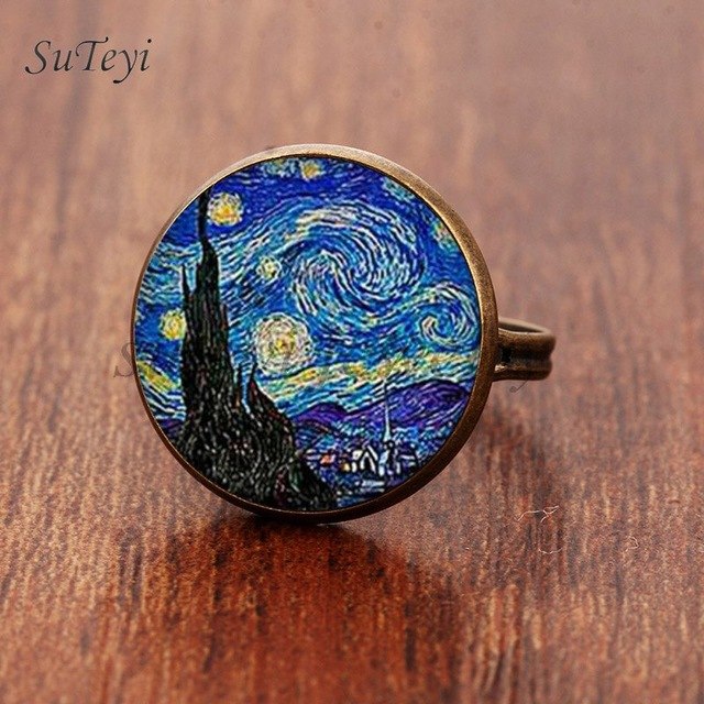 640x640 Suteyi Classic Round Glass Rings Art Painting Adjustable Ring - Ring Painting