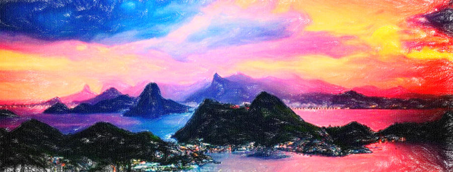 900x342 Rio De Janeiro At Dusk Art Painting By Motionage Designs - Rio De Janeiro Painting