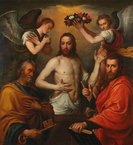 430x470 The Risen Christ With Saints Peter And Paul And Two Angels By - Risen Christ Painting