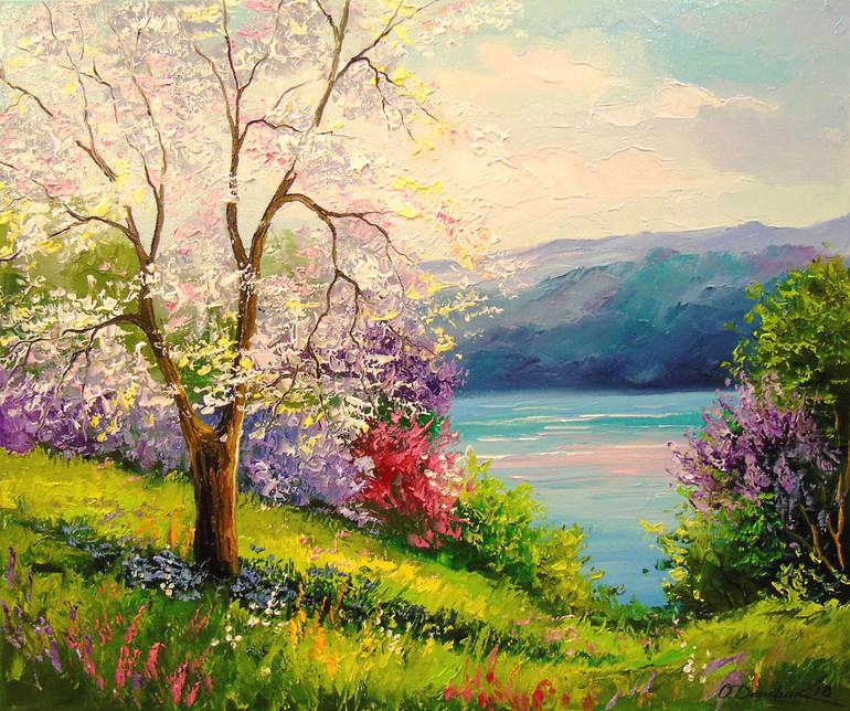 770x644 Saatchi Art Blooming Apple Tree On The River Bank Painting By - River Bank Painting