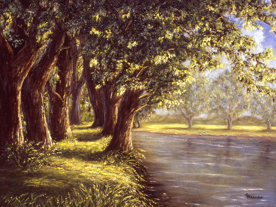 900x675 Sunlit Riverbank Painting By Grace Nikander - River Bank Painting
