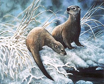 366x294 River Otters - River Otter Painting