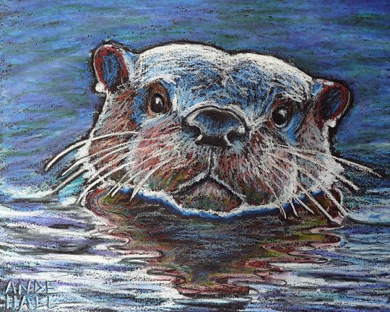 570x456 Original Otter Painting In Oil Pastels - River Otter Painting