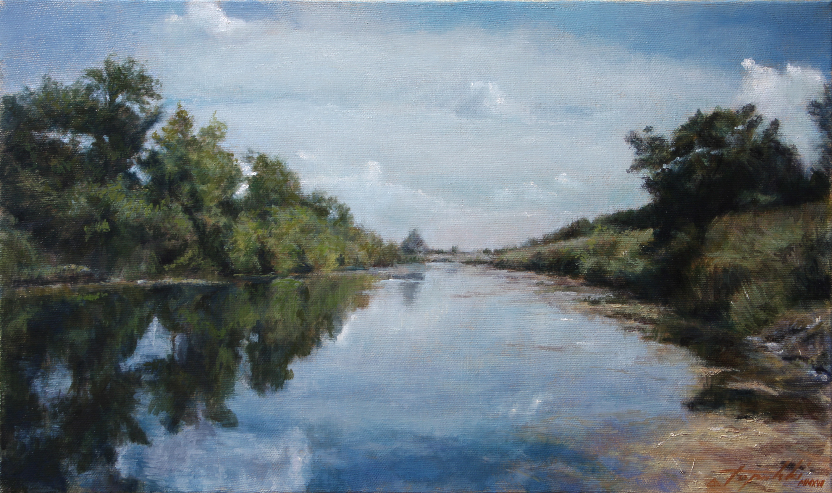 2813x1666 Down By The River Landscape Oil Painting Fine Arts Gallery - River Painting