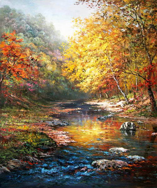 500x600 John Ottis Adams Beautiful Trees With A Quiet River Painting - River Painting