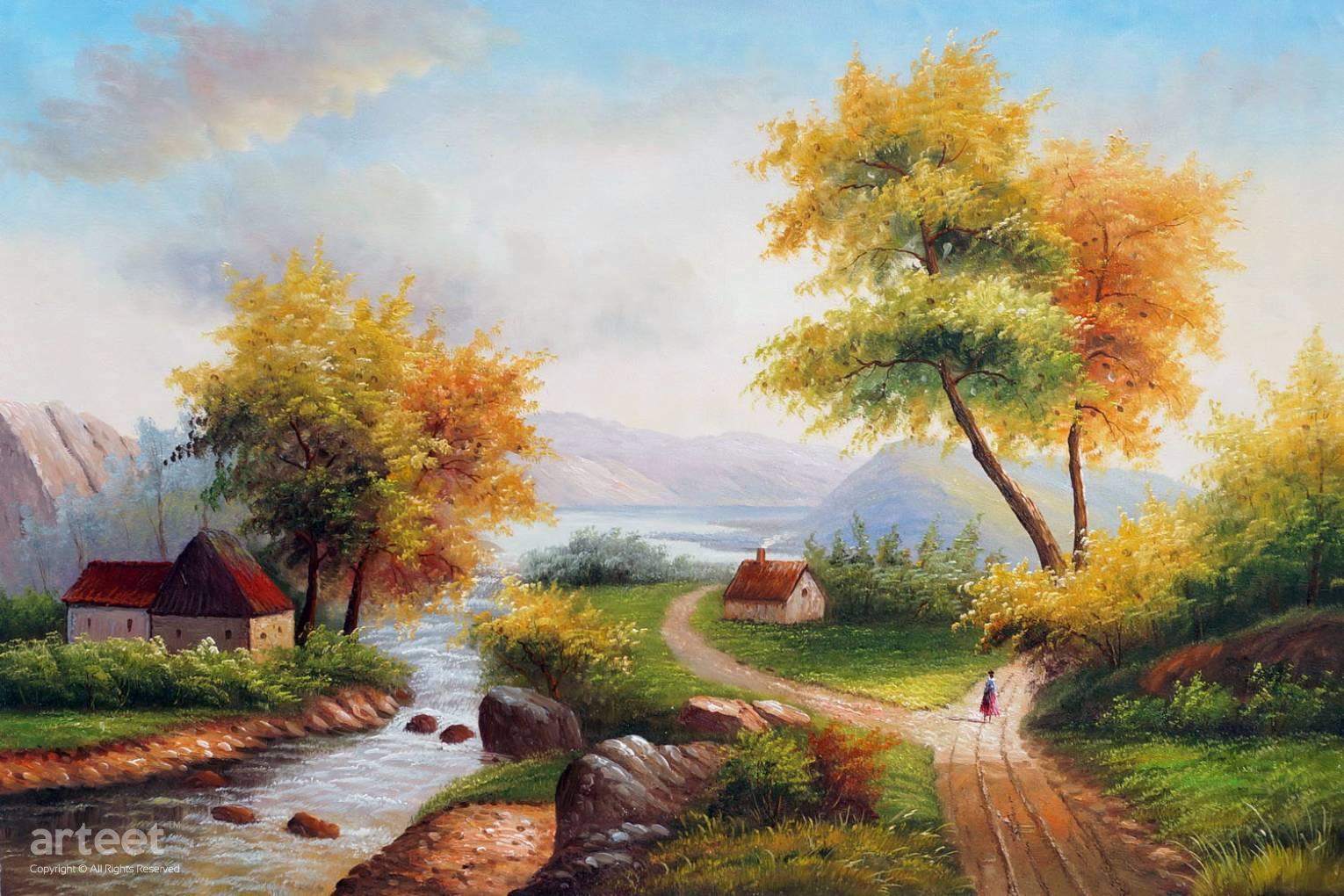 1530x1020 Country Cottages By The River Art Paintings For Sale - River Painting Images