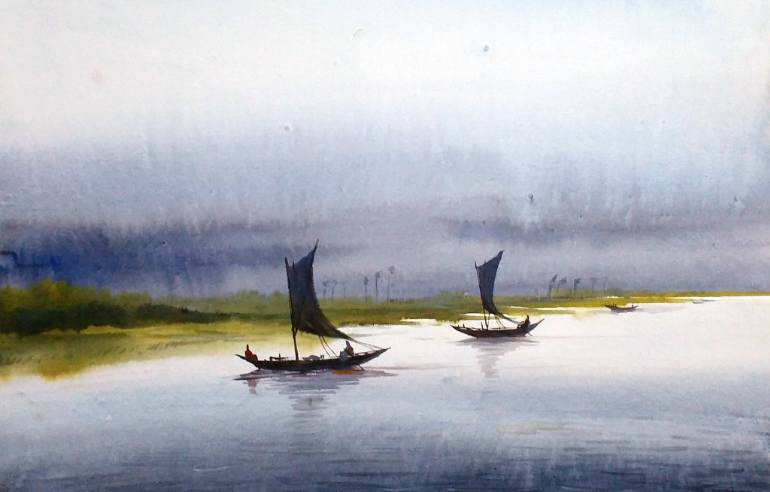 770x492 Saatchi Art Monsoon River Amp Fishing Boats Painting By Samiran Sarkar - River Painting Images