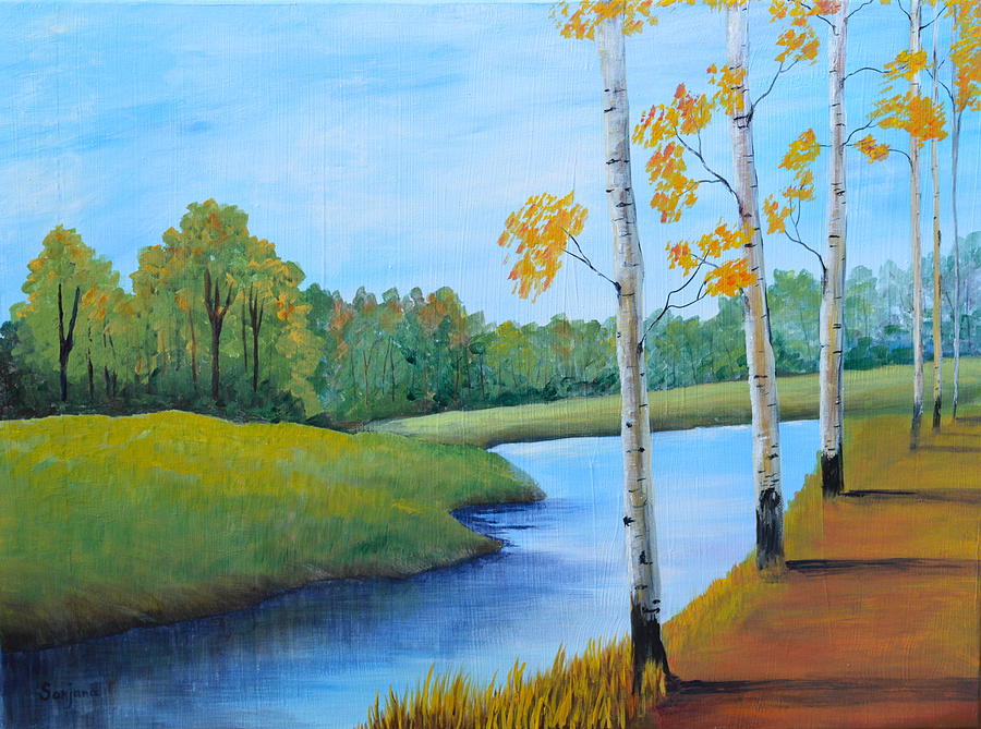 900x669 Riverside Painting By Sanjana Manghat - Riverside Painting