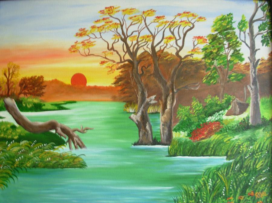 900x672 Riverside Scenery Painting By Riya Rathore - Riverside Painting