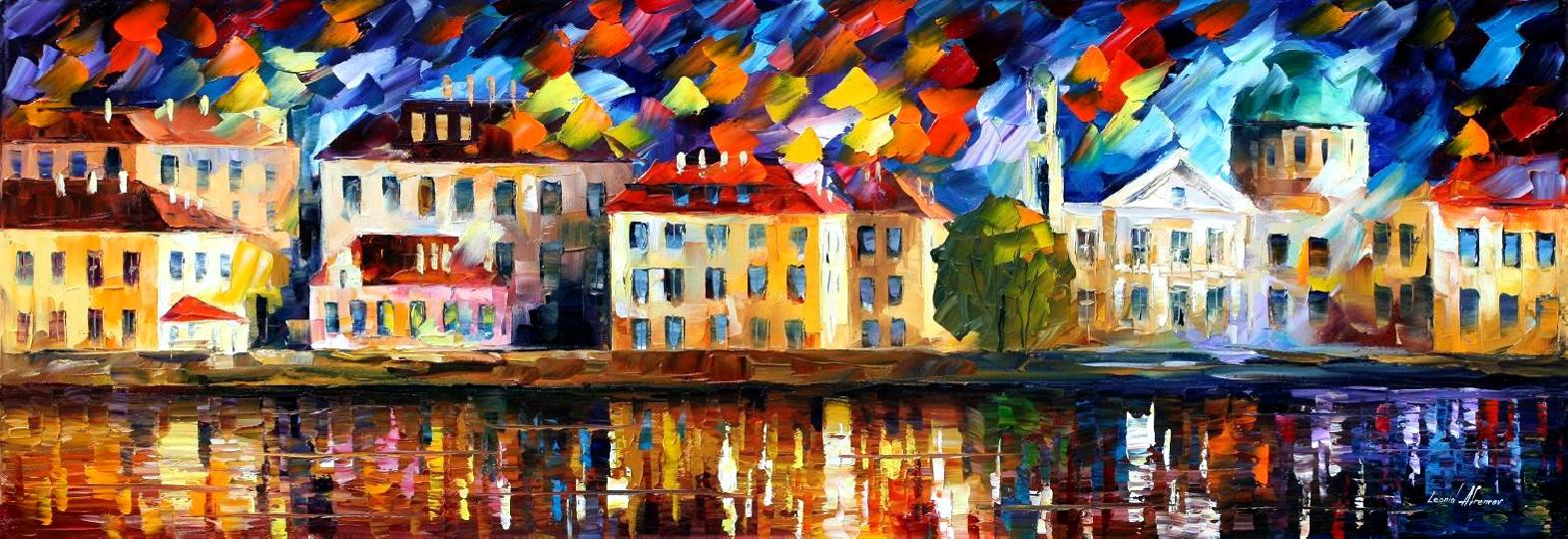 1571x540 Town By The Riverside Palette Knife Oil Painting On Canvas By - Riverside Painting