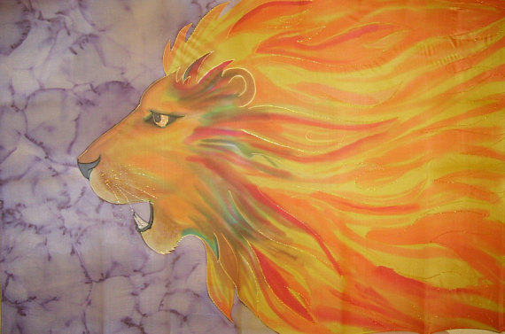 570x377 Roaring Lion Of Judah Fire Mane Hand Painted Silk Worship Flag - Roaring Lion Painting