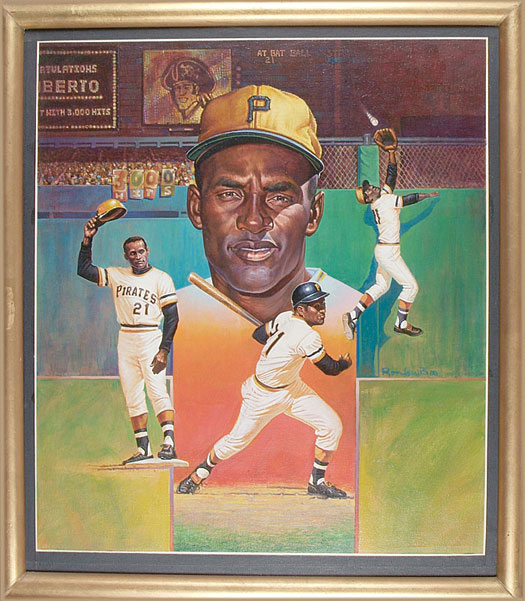525x601 Robert Edward Auctions 1988 Ron Lewis Sports Impressions - Roberto Clemente Painting