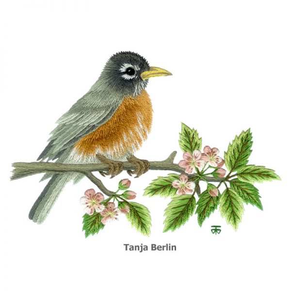 600x600 Needle Painting Robin On Blossom Branch - Robin Painting