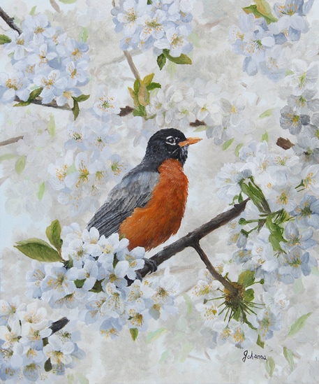 457x549 Original Robin Oil Painting Song Bird Art Robin And Cherry - Robin Painting