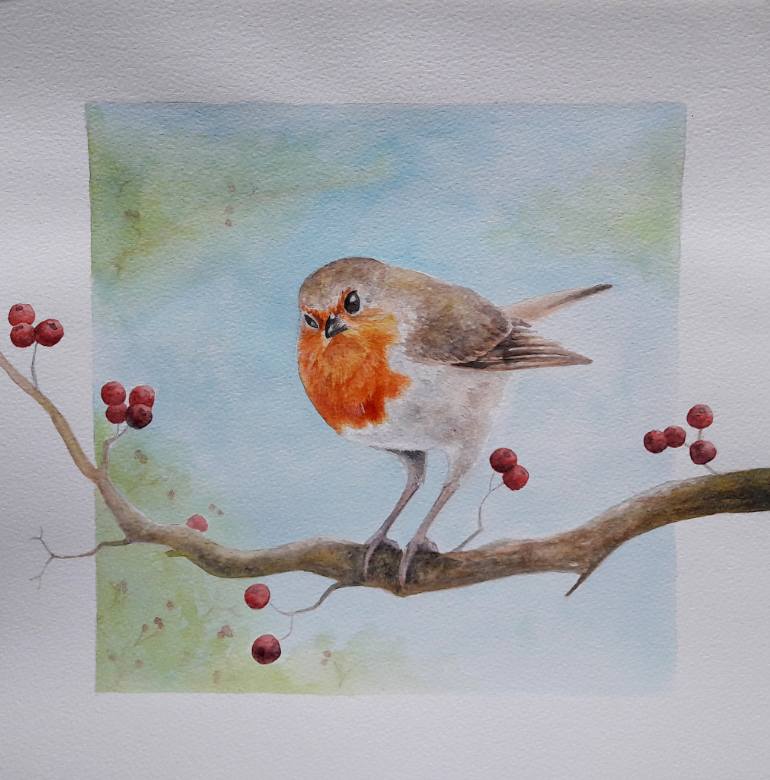 770x780 Saatchi Art Robin On Berry Branch Painting By Rebecca Sutton - Robin Painting