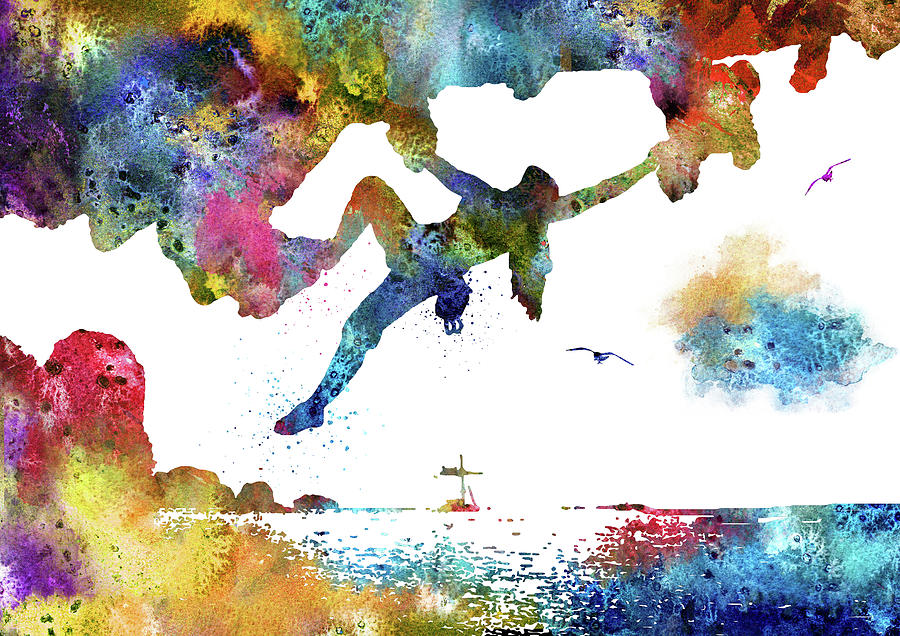 900x636 Rock Climbing Women Painting By Rosalia S - Rock Climbing Painting