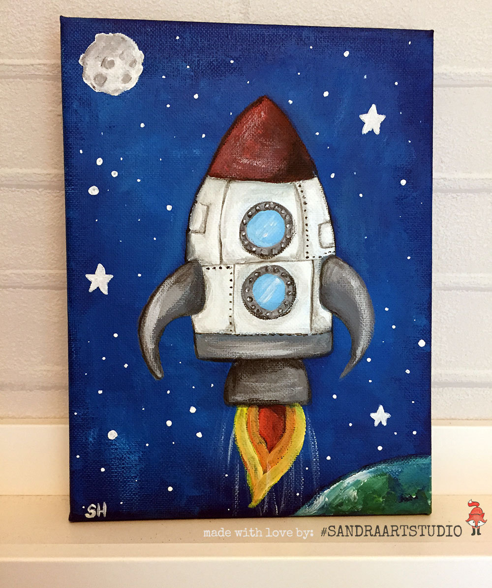 1000x1194 Painting Of A Rocket And The Moon And Stars, Painting Size 7 X 9 - Rocket Painting