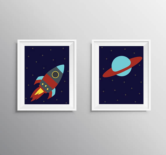 570x532 Rocket And Planet Wall Art Space Ship Art Print Outer - Rocket Ship Painting