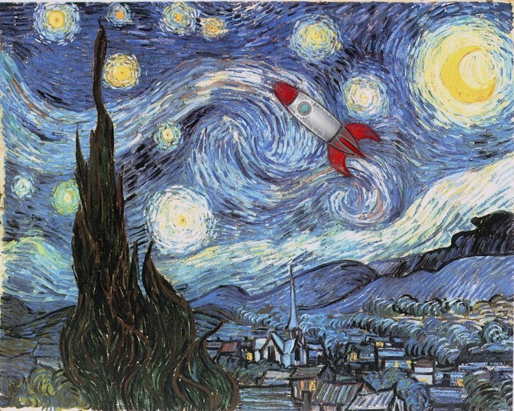 745x596 Starry Night With Rocket Ship By Chrisbrennan87 - Rocket Ship Painting