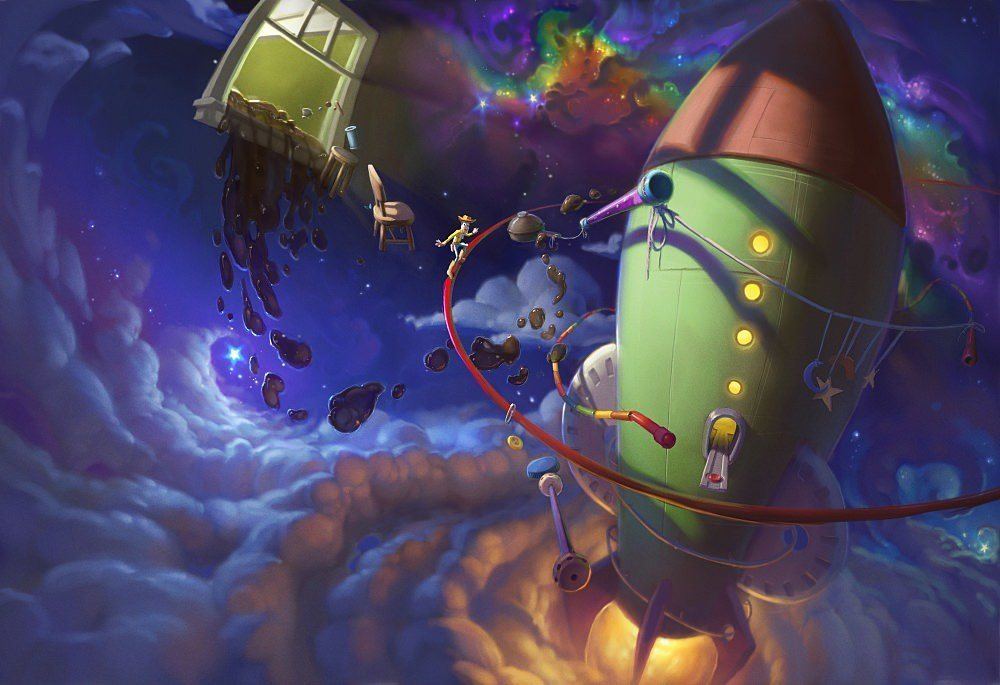 1000x685 Funny Photoshop Art Space Cowboy Surrealism Painting Rocket Space - Rocket Ship Painting