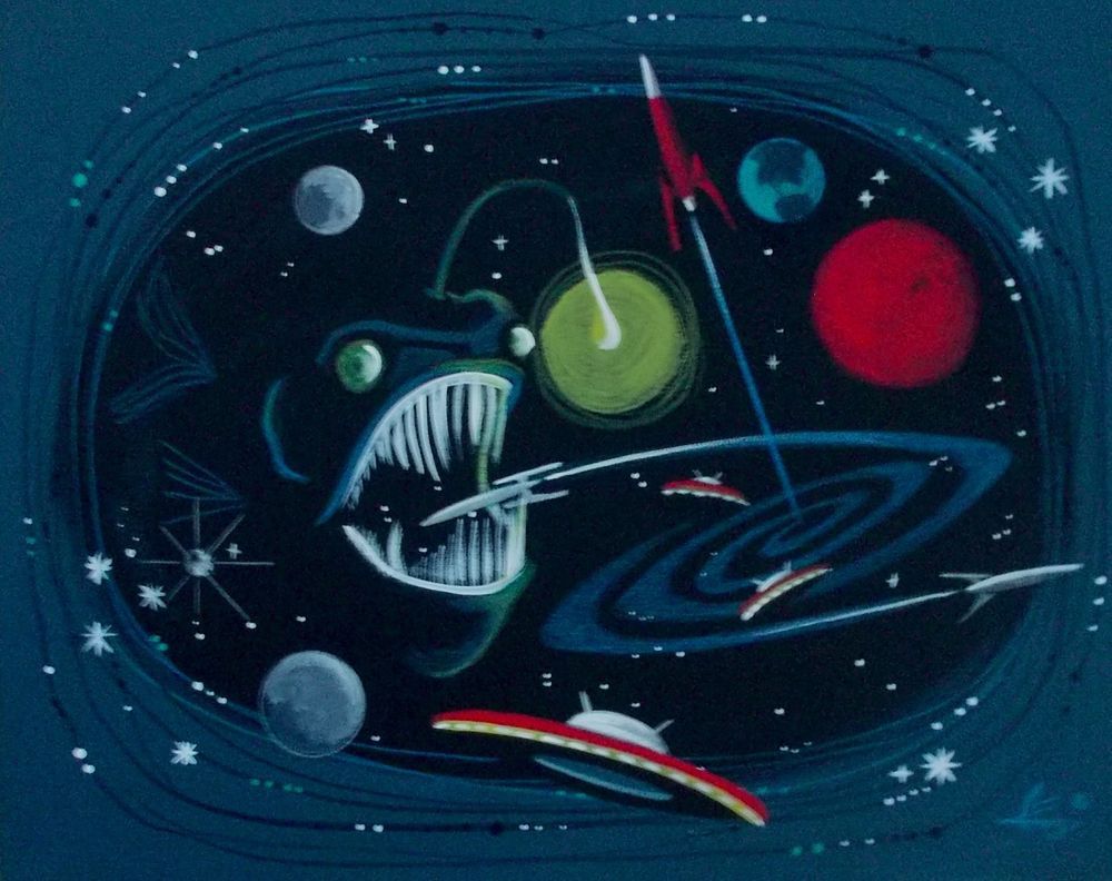 1000x792 El Gato Gomez Painting Retro 1950s Outer Space Ship Rocket Ufo - Rocket Ship Painting