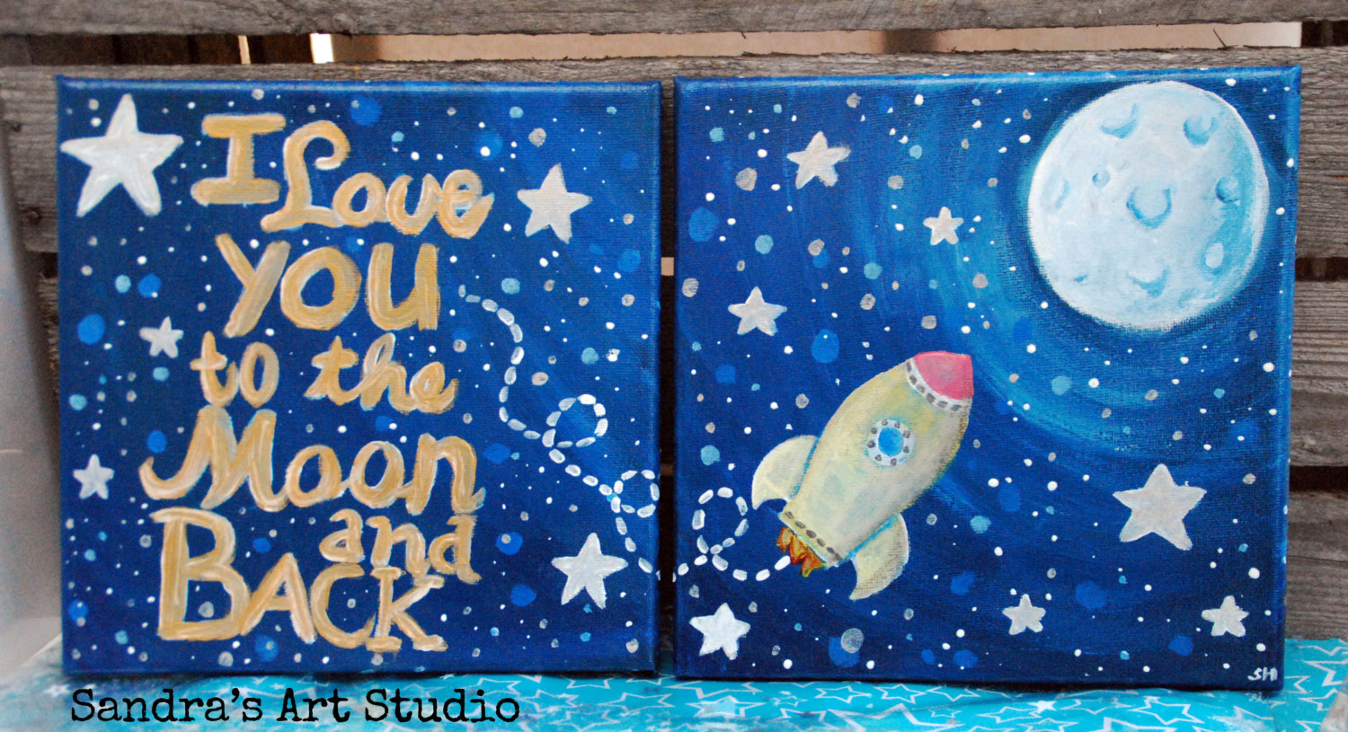 1500x815 Diptych Of Two Little Paintings Love You To The Moon And Back - Rocket To The Moon Painting