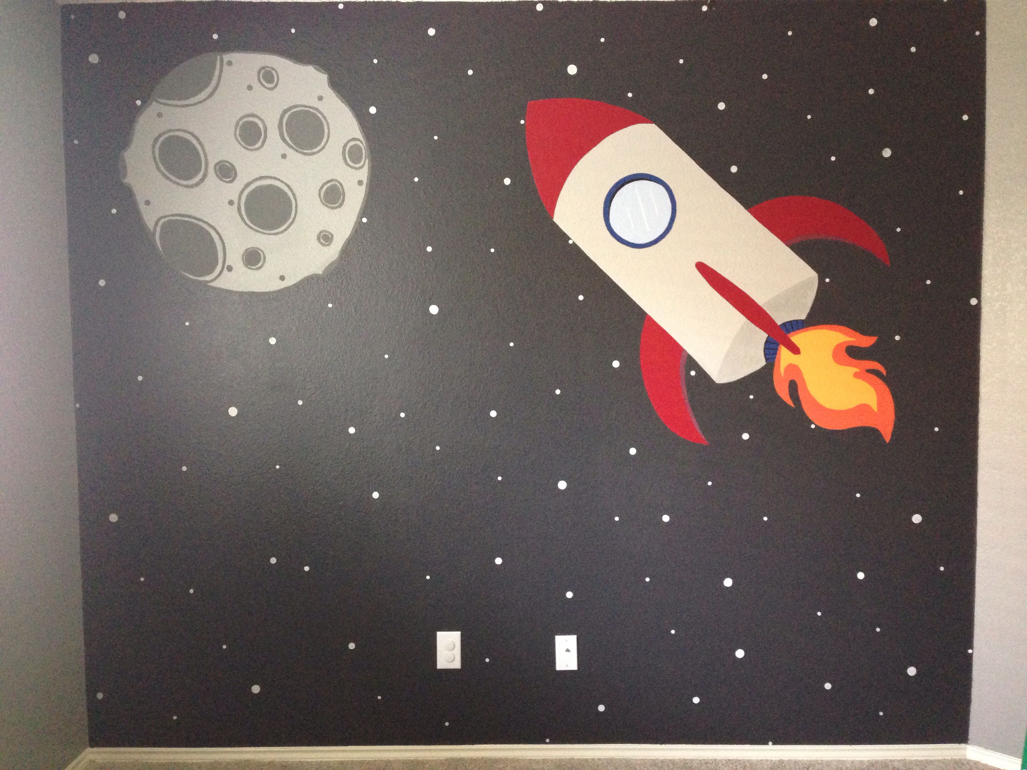 3264x2448 Hand Painted Mural For Kid's Room. Rocket Ship And Moon Drawn - Rocket To The Moon Painting