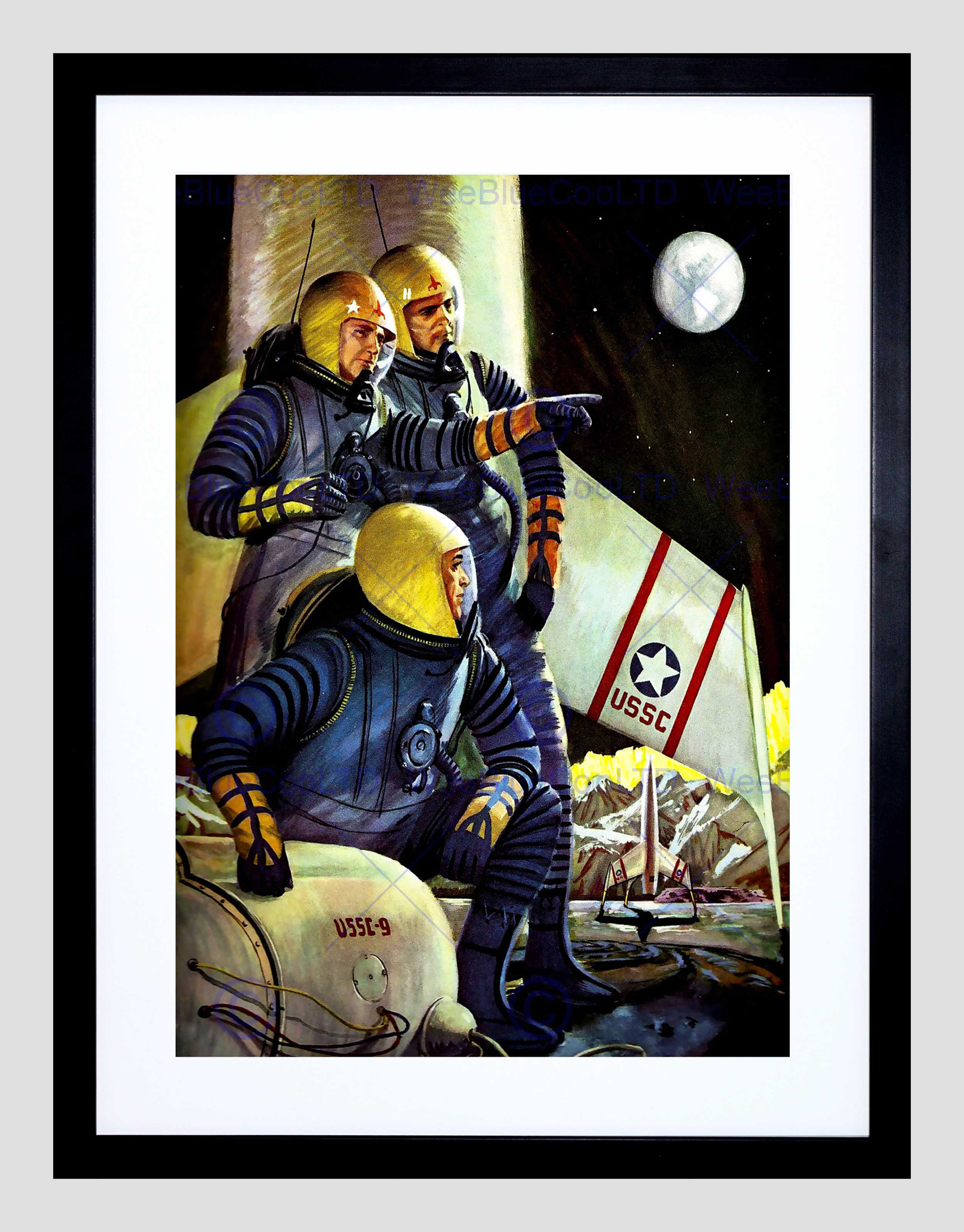 2500x3195 Painting Science Fiction Rocket Ship Astronaut Moon Framed Art - Rocket To The Moon Painting