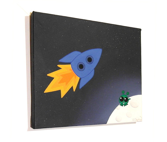 570x486 Rocket To The Moon Original Art Acrylic Painting Of A Little - Rocket To The Moon Painting