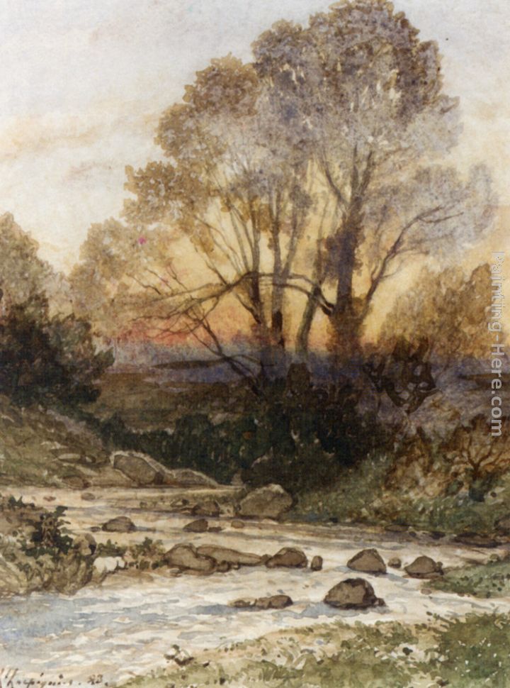 720x970 Henri Joseph Harpignies A Rocky Landscape With A Torrent Of Water - Rocky Landscape Painting