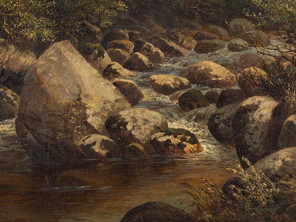 1000x750 John Barrett, Oil Painting, Rocky Landscape With River, C. 1880 - Rocky Landscape Painting