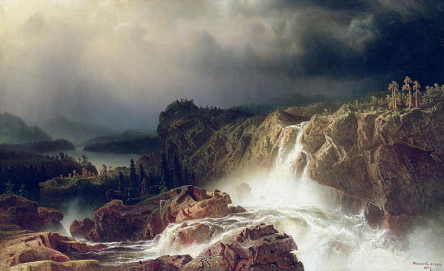 900x549 Rocky Landscape With Waterfall In Smaland Painting By Marcus Larson - Rocky Landscape Painting