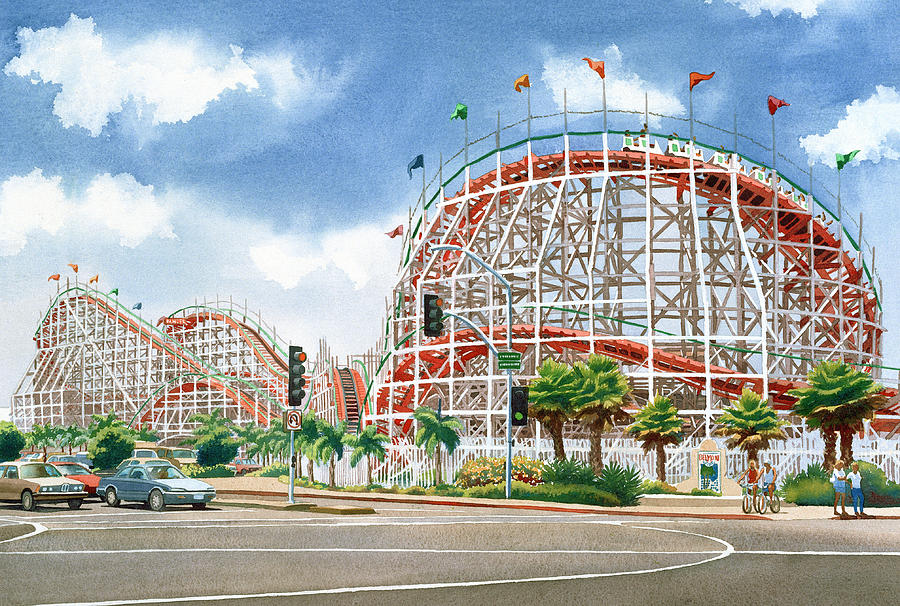 900x606 Roller Coaster Mission Beach Painting By Mary Helmreich - Roller Coaster Painting