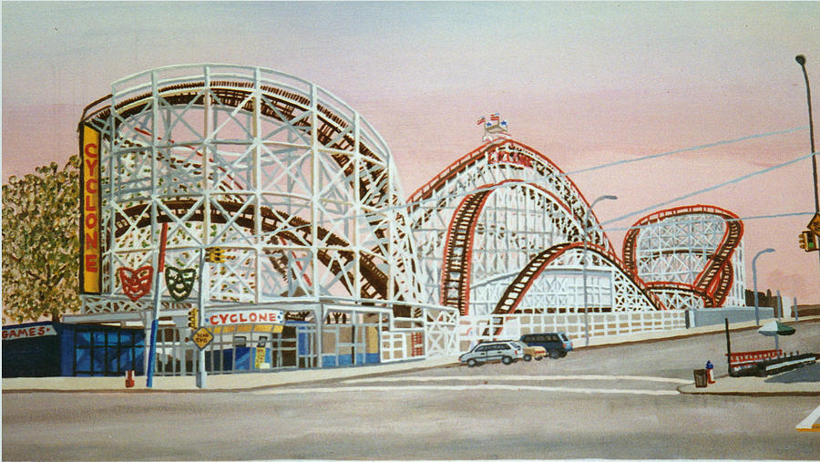900x507 Cyclone Rollercoaster In Coney Island New York Painting By Bonnie - Roller Coaster Painting