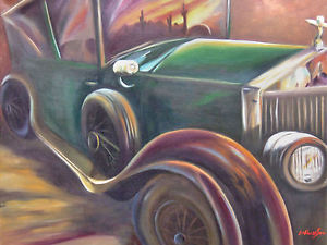 300x225 Original Oil Painting Of Antique Car Rolls Royce With Sunset - Rolls Royce Painting