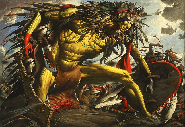 650x447 Painting On Panel Of Roman Nose, The Famous Cheyenne Warrior, - Roman Battle Painting