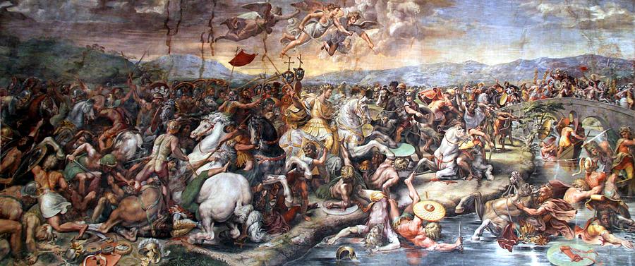 900x377 The Battle Of Milvian Bridge Painting By Giulio Romano - Roman Battle Painting