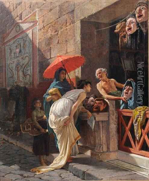 494x600 Italian The Mask Seller, A Roman Street Scene Oil Painting - Roman Oil Painting
