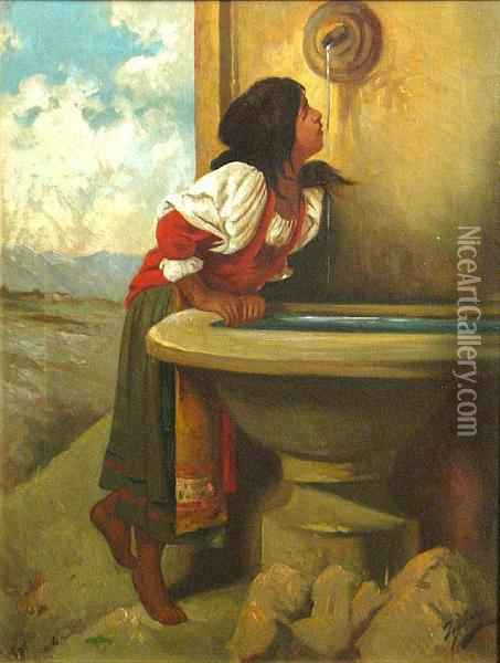 453x600 Roman Girl At A Fountain Oil Painting Reproduction By Bonnat Leon - Roman Oil Painting