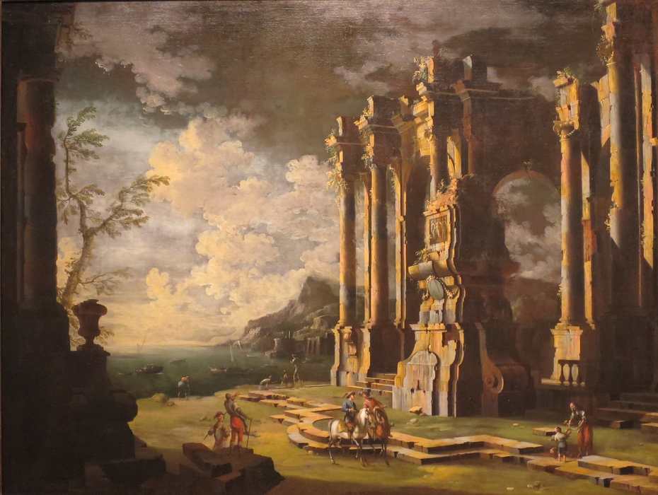 930x700 Harbor With Roman Ruins Leonardo Coccorante - Roman Ruins Painting