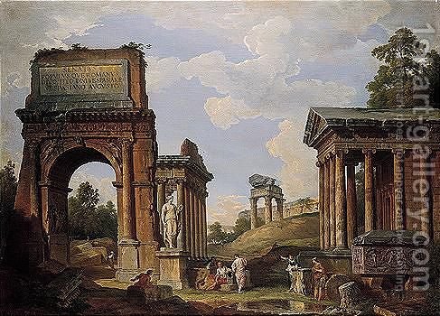 487x350 A Capriccio Roman Ruins And Monuments, Including The Arch - Roman Ruins Painting