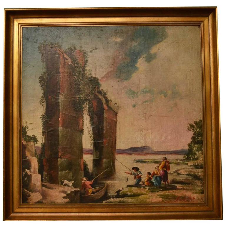 768x768 Vintage Oil Painting Classical Roman Ruins, 20th Century For Sale - Roman Ruins Painting